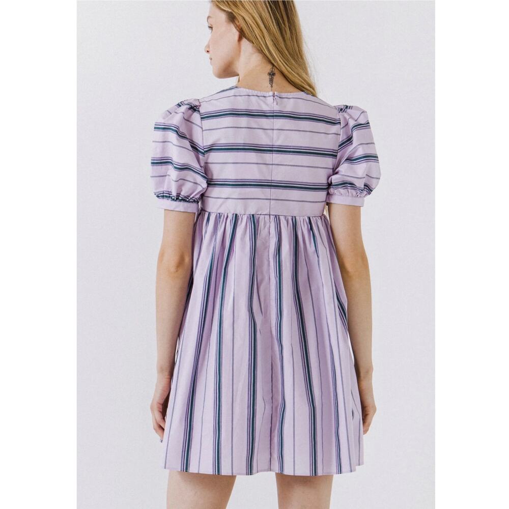 English Factory Puff Sleeve Striped Mini Dress size M Lilac Relaxed Babydoll New - Picture 9 of 10